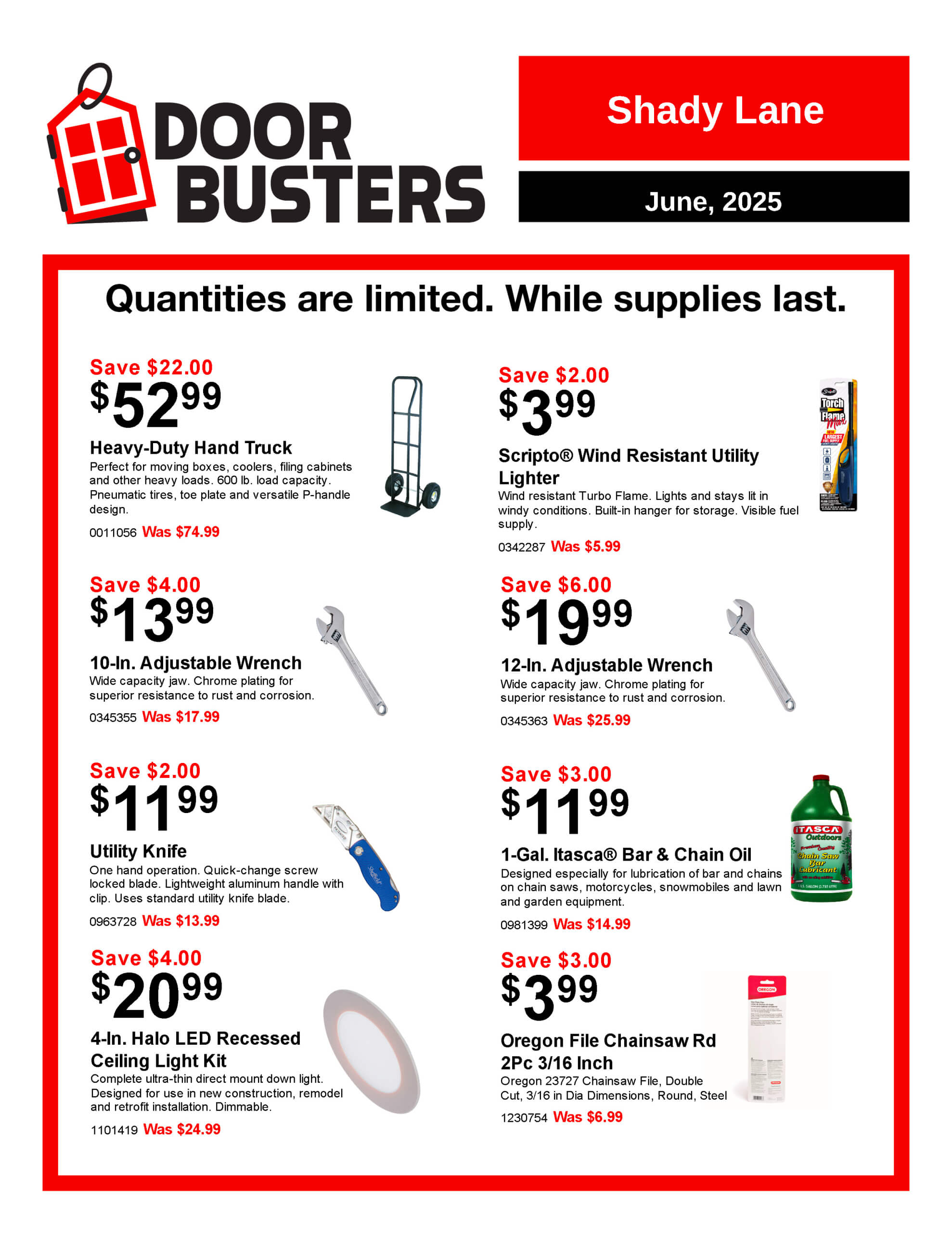 A promotional flyer for Door Busters at Shady Lane, June 2025, featuring discounted tools, lighting, a lighter, a utility knife, bar & chain oil, and a chainsaw blade.