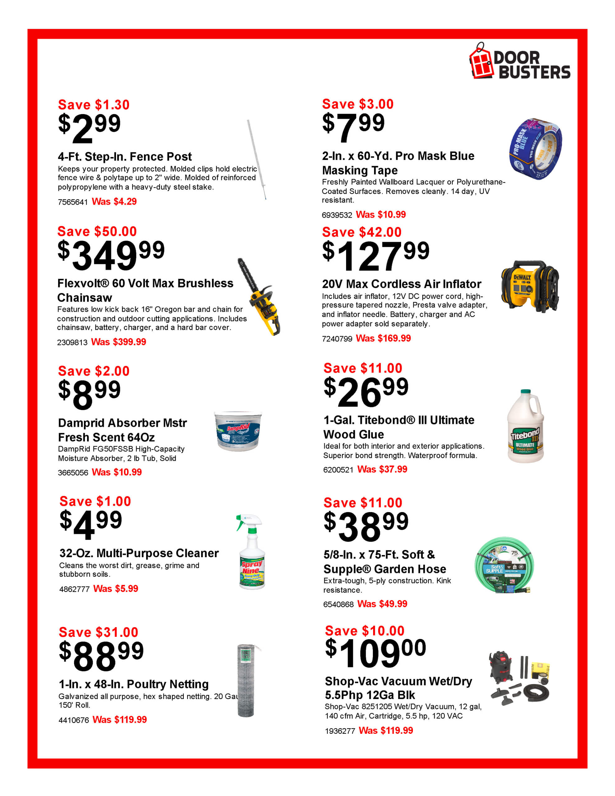 A hardware store flyer features various discounted tools and supplies, each with product images, brief descriptions, prices, and highlighted savings.