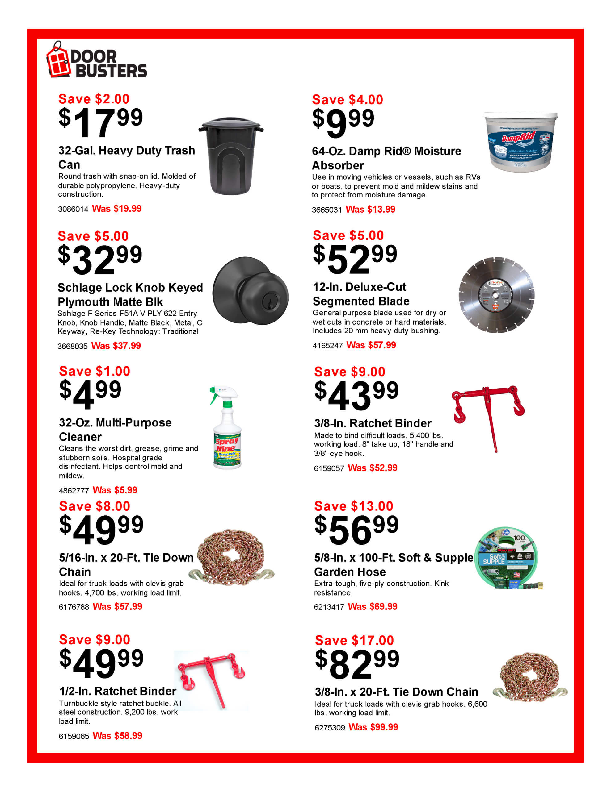 A sales flyer featuring various hardware products, including a trash can, cleaning supplies, door lock, saw blade, ratchet binders, tie down chain, and garden hose, each with price and savings.