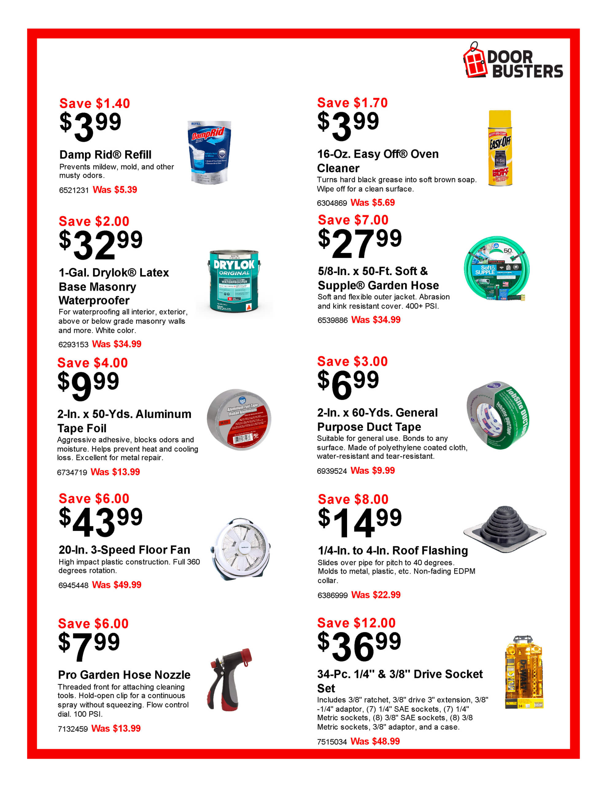 Sales flyer featuring various hardware and home improvement products with discounts, prices, and product images against a white background.