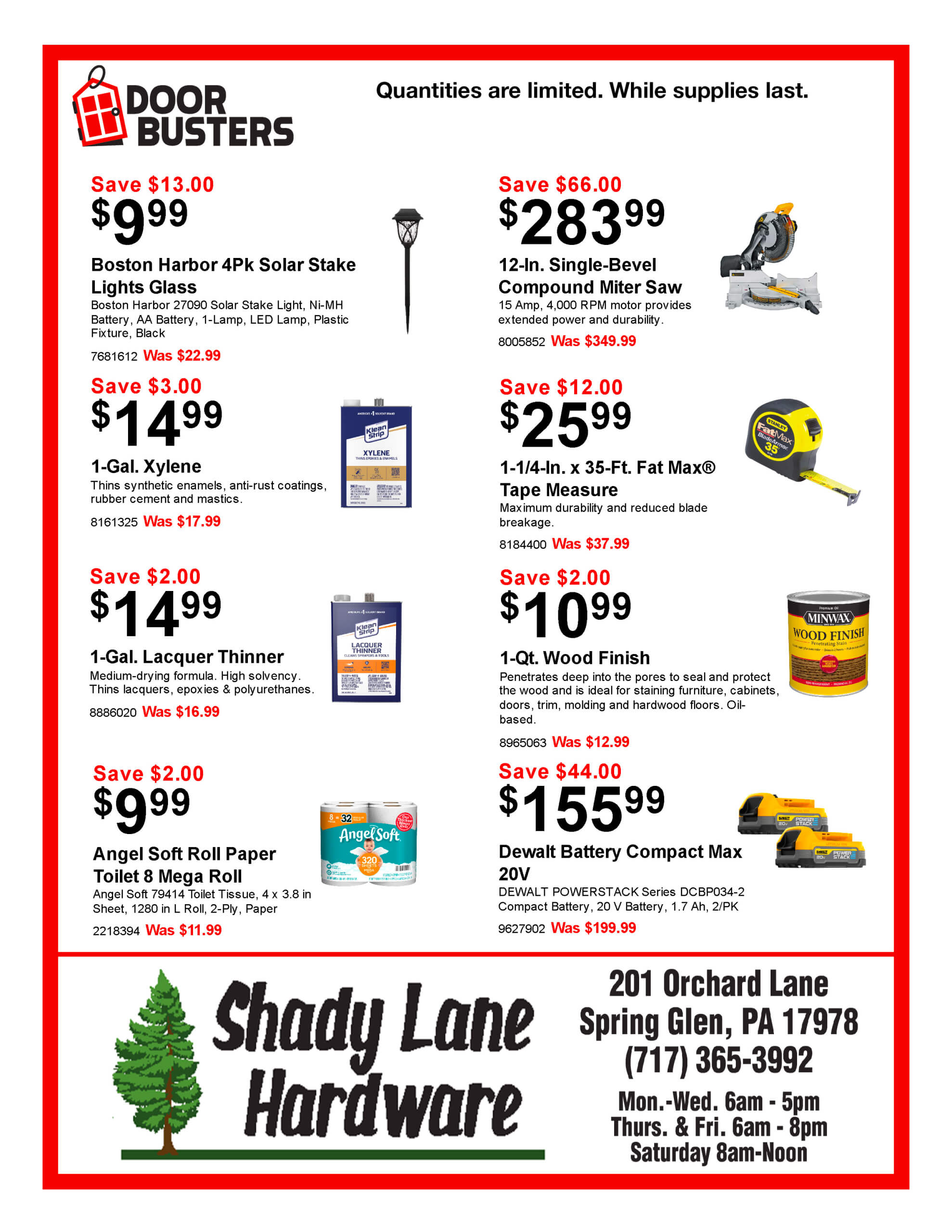 Sales flyer for Shady Lane Hardware featuring discounted tools, garden lights, paint supplies, tape, and a compact saw. Store contact info and hours listed at the bottom.
