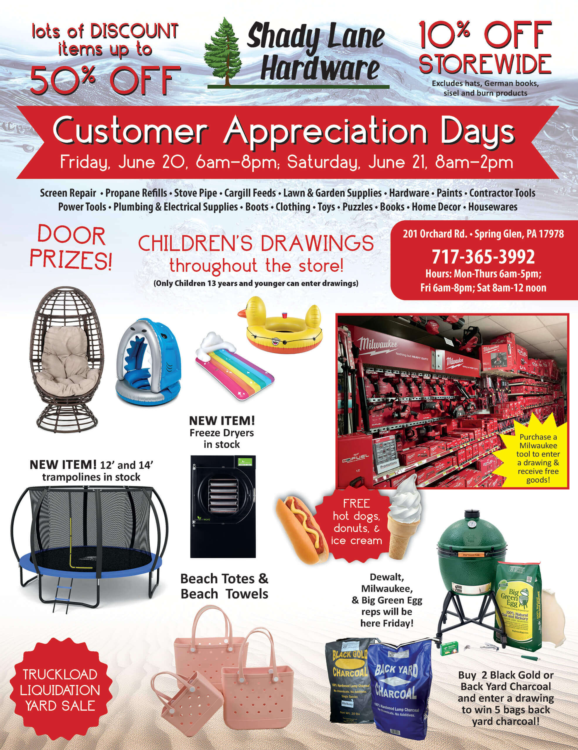 Flyer for Shady Lane Hardware's Customer Appreciation Days, featuring discounts up to 50%, prize draws, children's drawings, new items, and store hours.