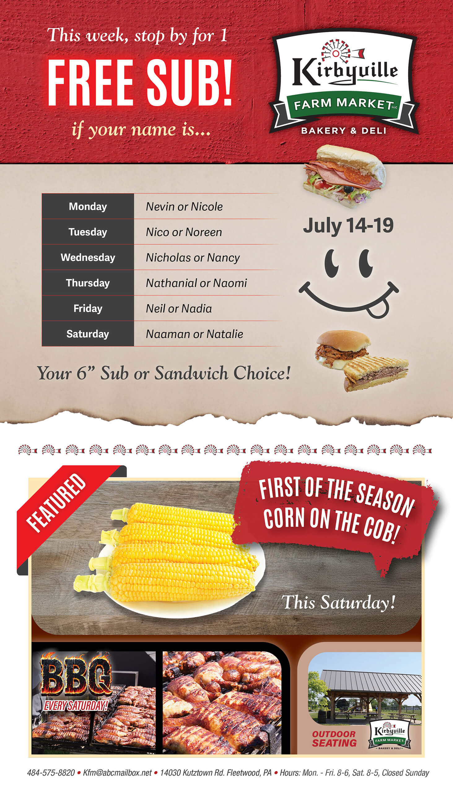 Promotional flyer for Kirbyville Farm Market offering a free sub for selected names, July 14–19, and featuring first corn of the season and BBQ sandwiches.