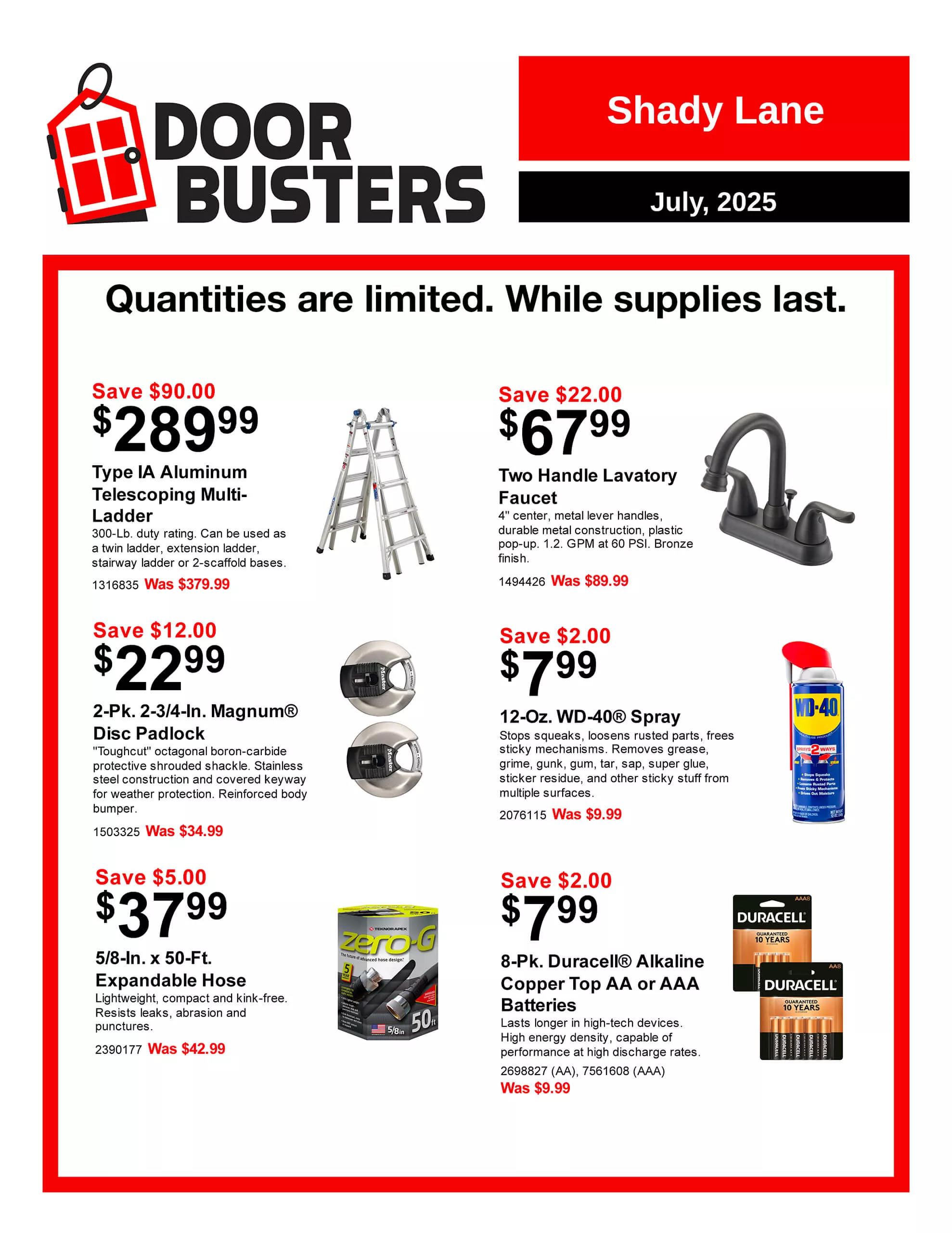 Door Busters sale flyer for July 2025 featuring discounts on a ladder, bathroom faucet, abrasive wheels, WD-40 spray, motor oil, and Duracell batteries at Shady Lane location.