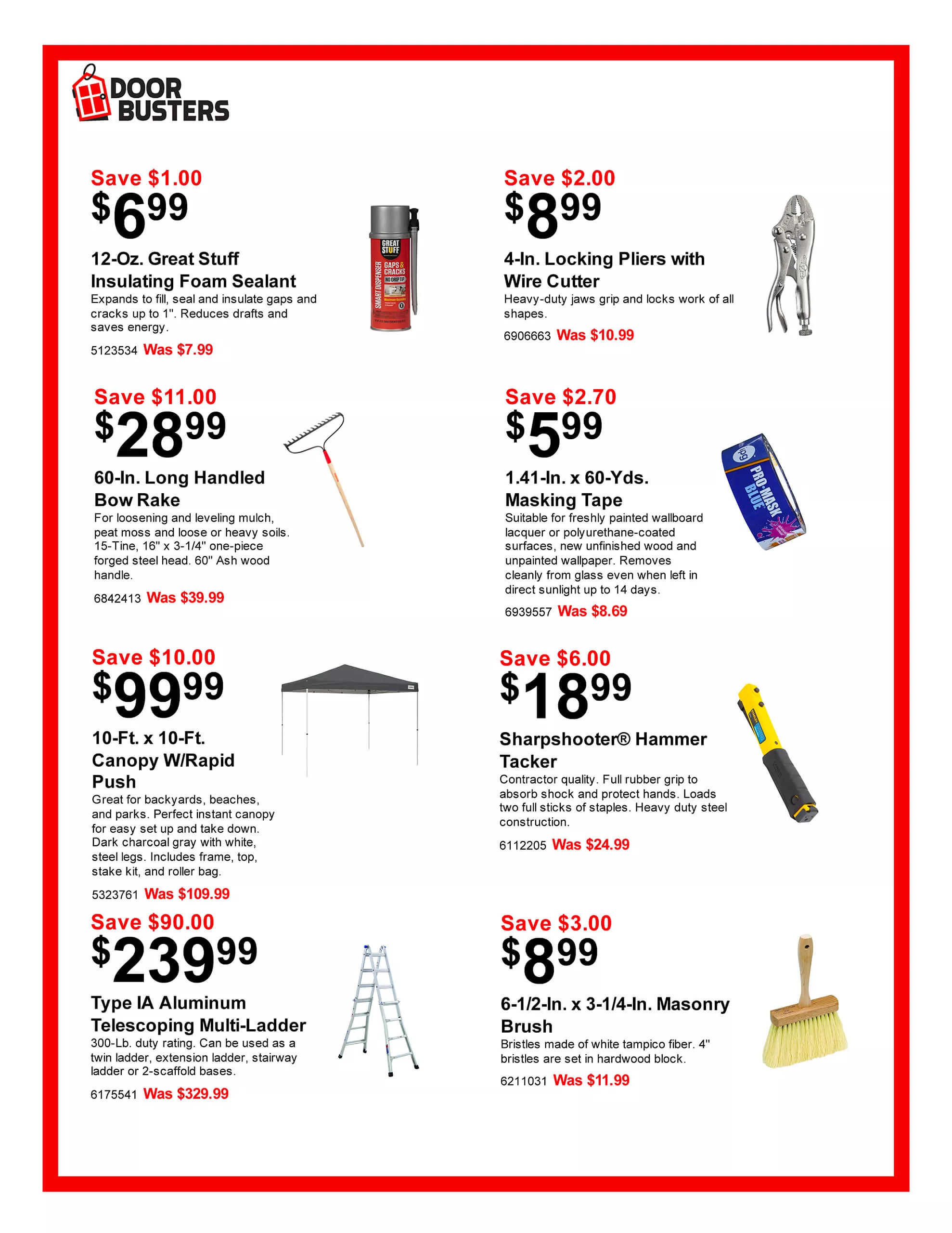 A hardware store flyer featuring discounted items like foam sealant, locking pliers, a bow rake, masking tape, canopy, hammer tacker, ladder, and masonry brush with prices and savings listed.