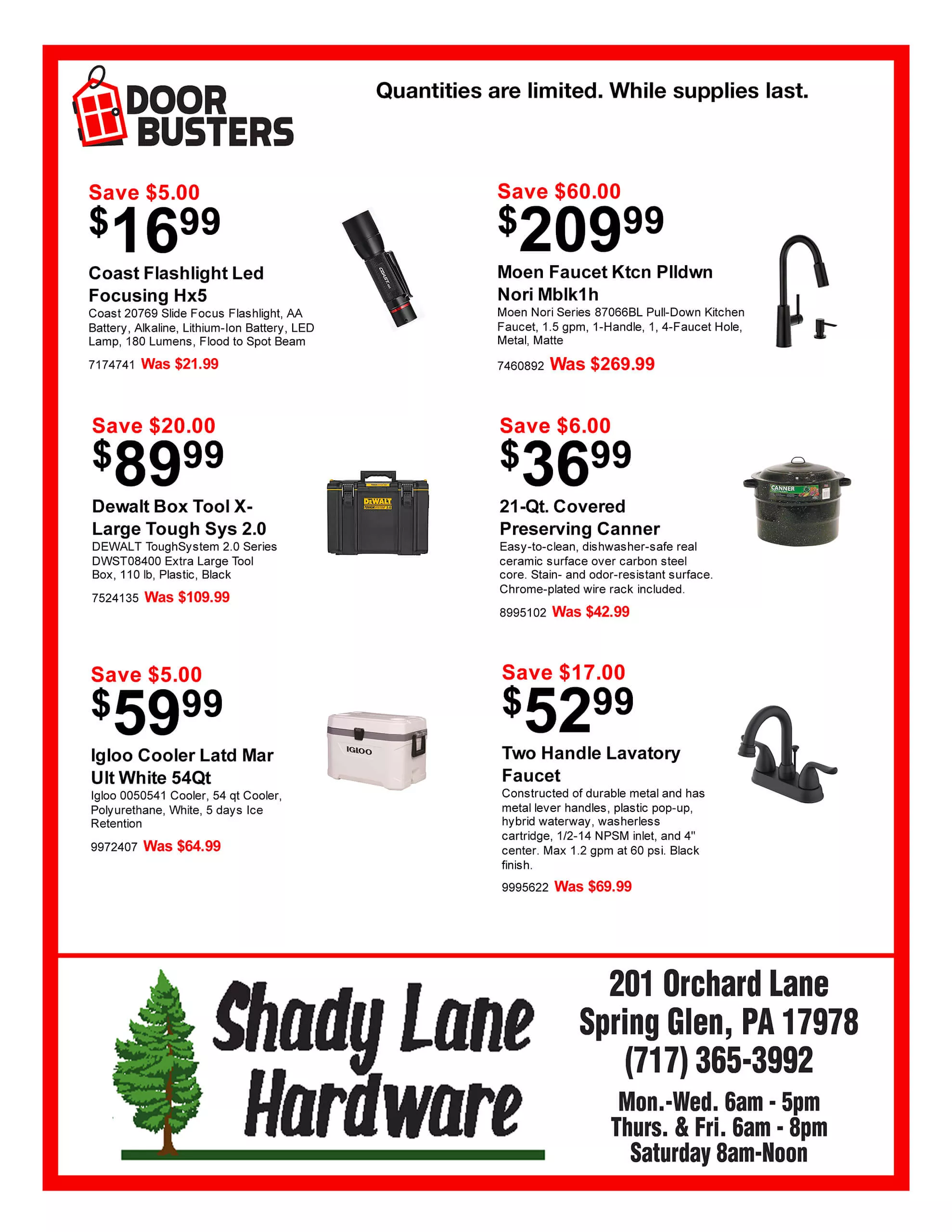 A flyer from Shady Lane Hardware advertising doorbuster deals on tools, appliances, and household items with prices, descriptions, and store contact information.