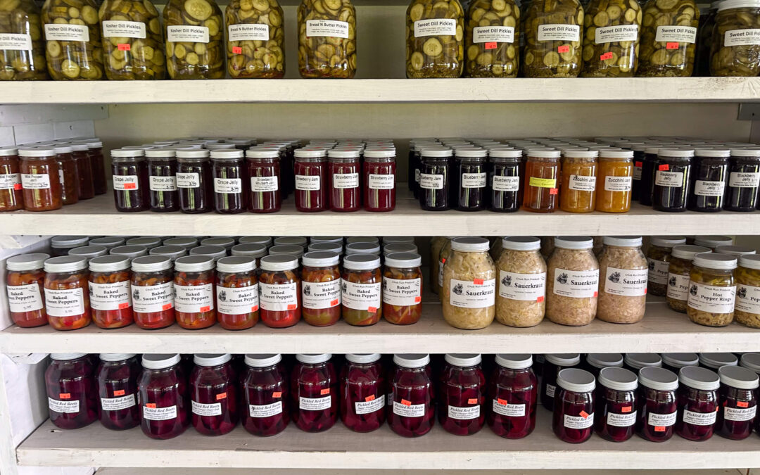Chub Run Chemical Free Organic Produce Mill Hall PA Jars of pickles, jams, and preserves are neatly arranged on white shelves in a pantry or store.