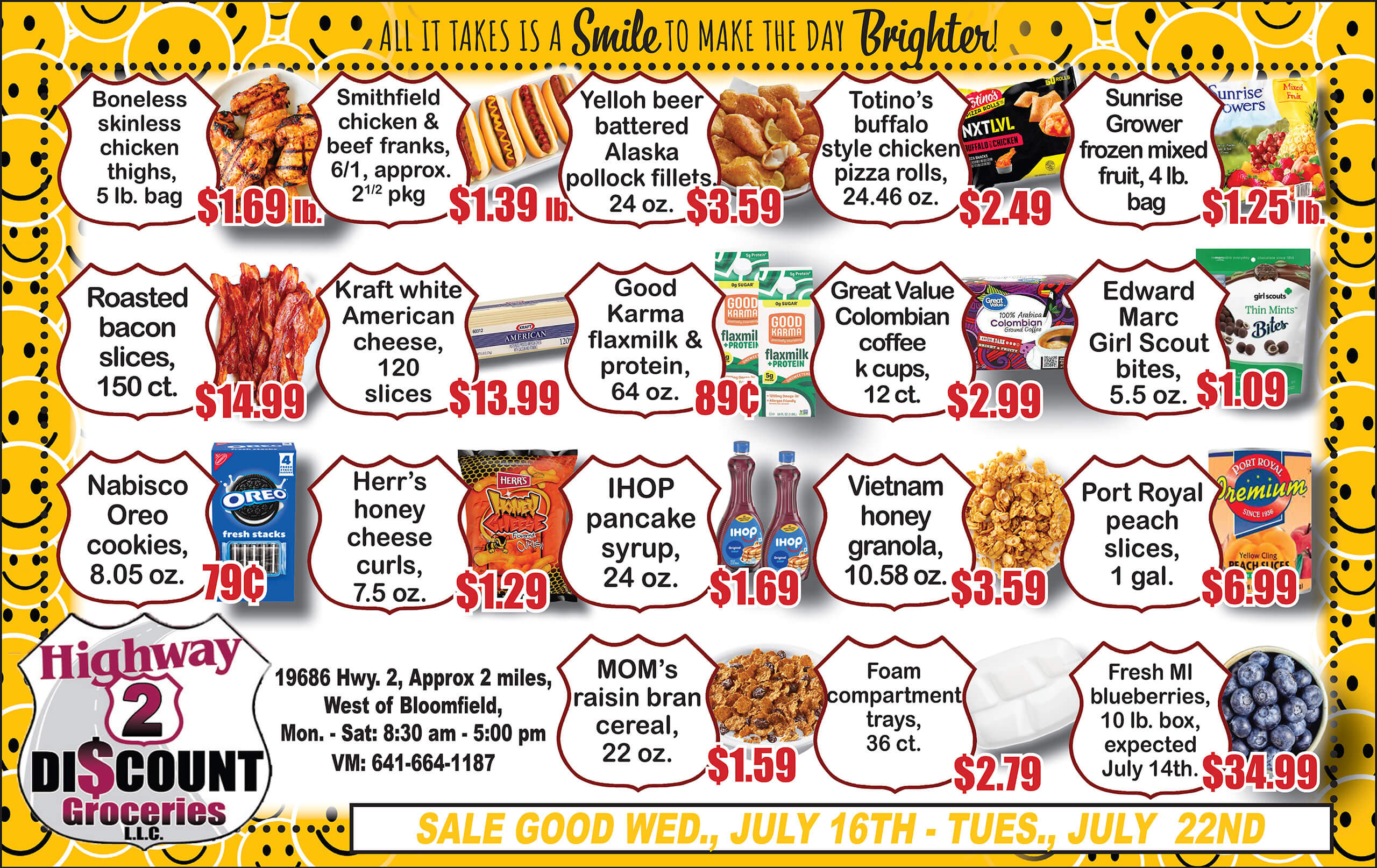 A grocery store flyer displays various food items with prices, including meats, snacks, frozen foods, and produce, valid from July 16th to July 22nd.