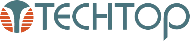 Techtop company logo featuring stylized text and a circular design with orange and gray segments on the left.
