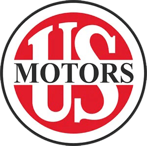 The image shows the US MOTORS logo with bold white letters "US" on a red circle and the word "MOTORS" in black across the center on a white stripe.
