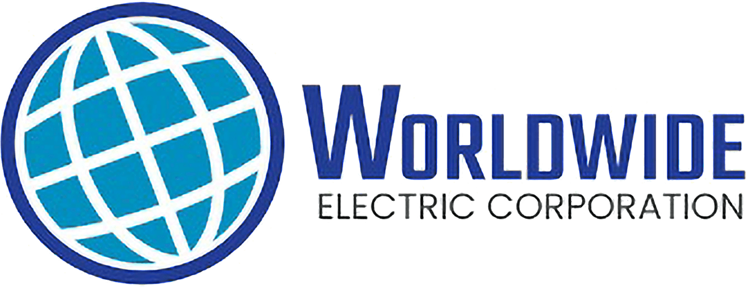 Worldwide Electric Corporation logo featuring a blue globe with white grid lines to the left of the company's name in bold blue and black text.