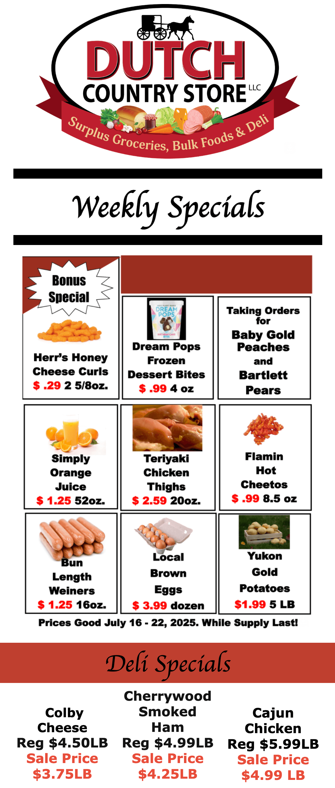 Dutch Country Store weekly specials flyer with images and prices for snacks, drinks, deli meats, produce, and cheese varieties, plus a section for deli specials at discounted rates.