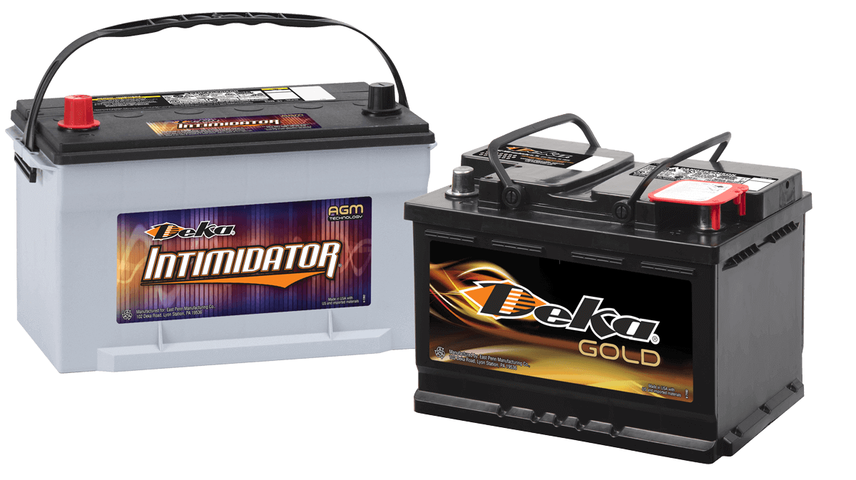 Two automotive batteries are shown—one labeled "Deka Intimidator" in a white casing and the other "Deka Gold" in a black casing. Both have carrying handles.