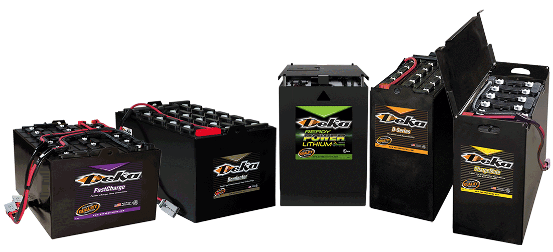 Five different Deka industrial batteries are displayed upright, each featuring distinct labels and designs, against a plain background.