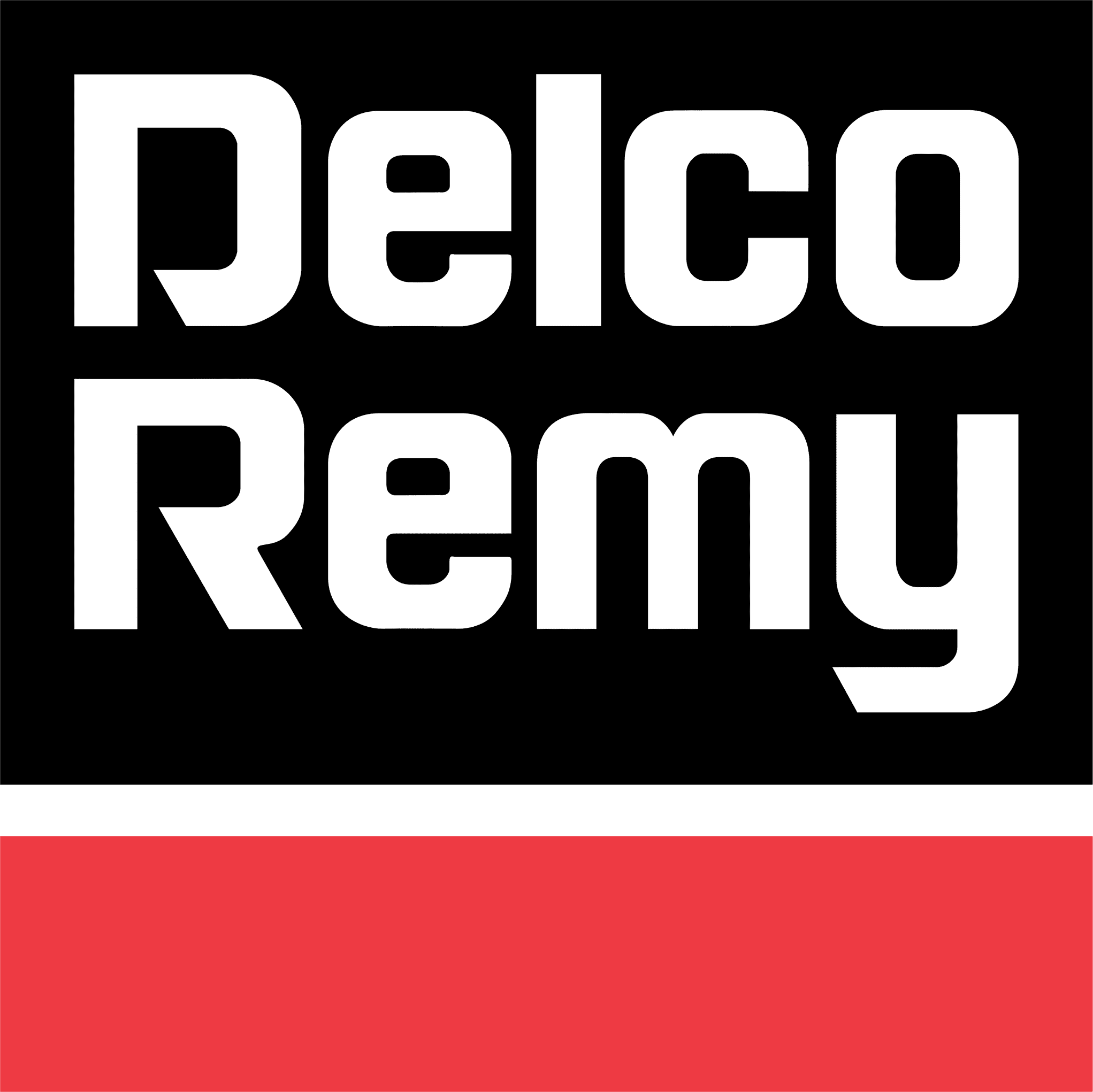 The image shows the Delco Remy logo with bold white text on a black background above a red horizontal stripe.