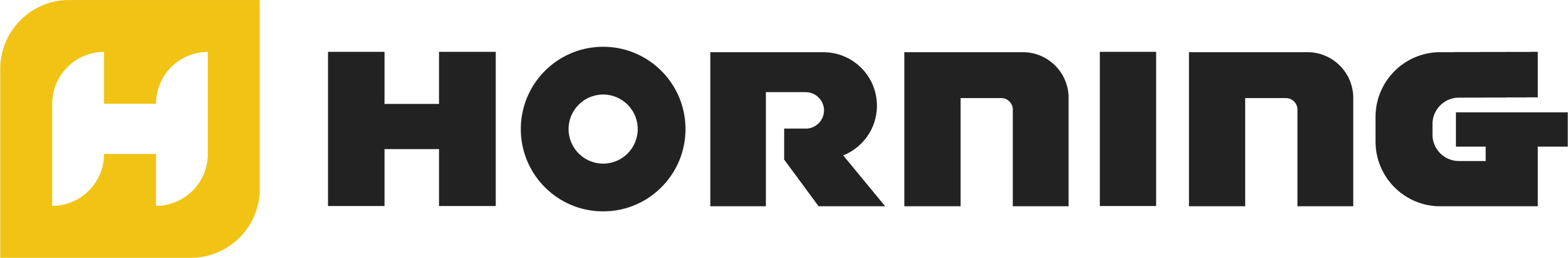 Horning logo with black bold text and a yellow graphic on the left resembling an abstract letter "H.
