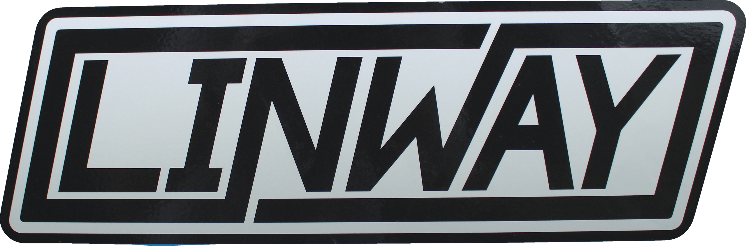 A rectangular sign with the bold, black text "LINWAY" in a stylized font on a white background, outlined by a black border.