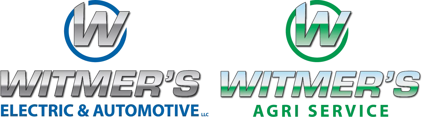 Logos for Witmer's Electric & Automotive LLC in blue and Witmer's Agri Service in green, each with a stylized "W" inside a circular outline above the company name.