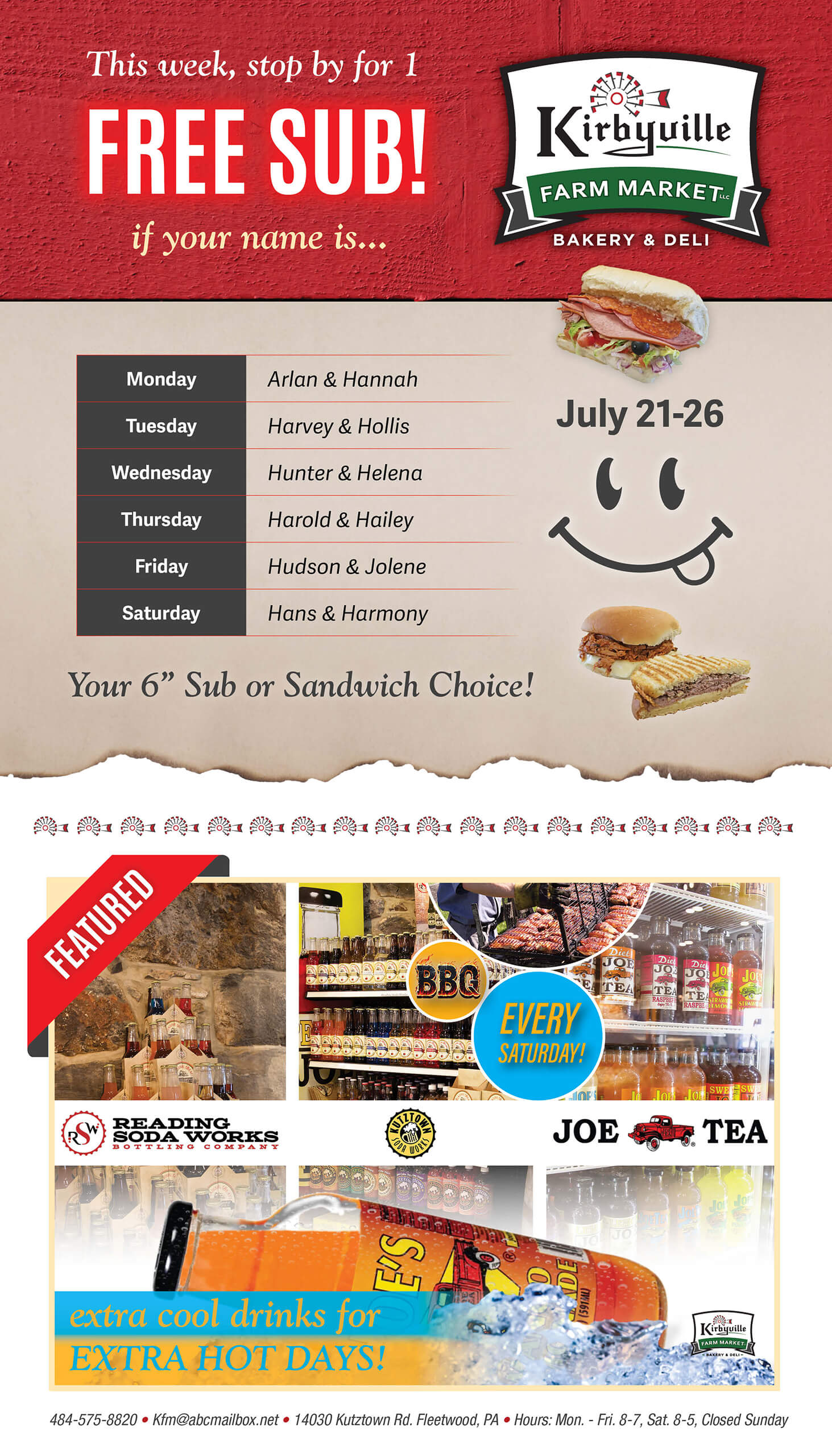 Promotional flyer for Kirbyville Farm Market offering a free sub to selected names for each day, July 21–26, with images of food, drinks, and market details at the bottom.