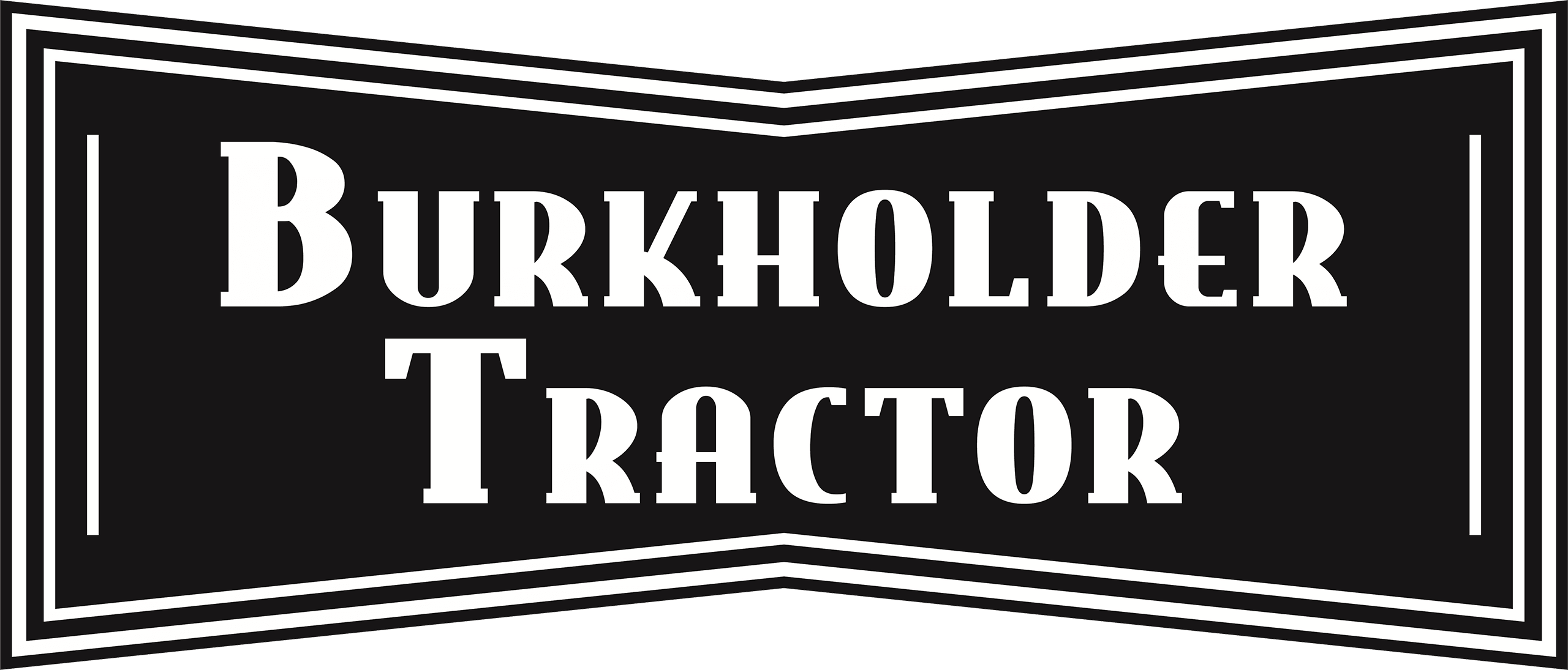 Black and white sign with the words "Burkholder Tractor" in bold, white, capital letters on a black, angular background.
