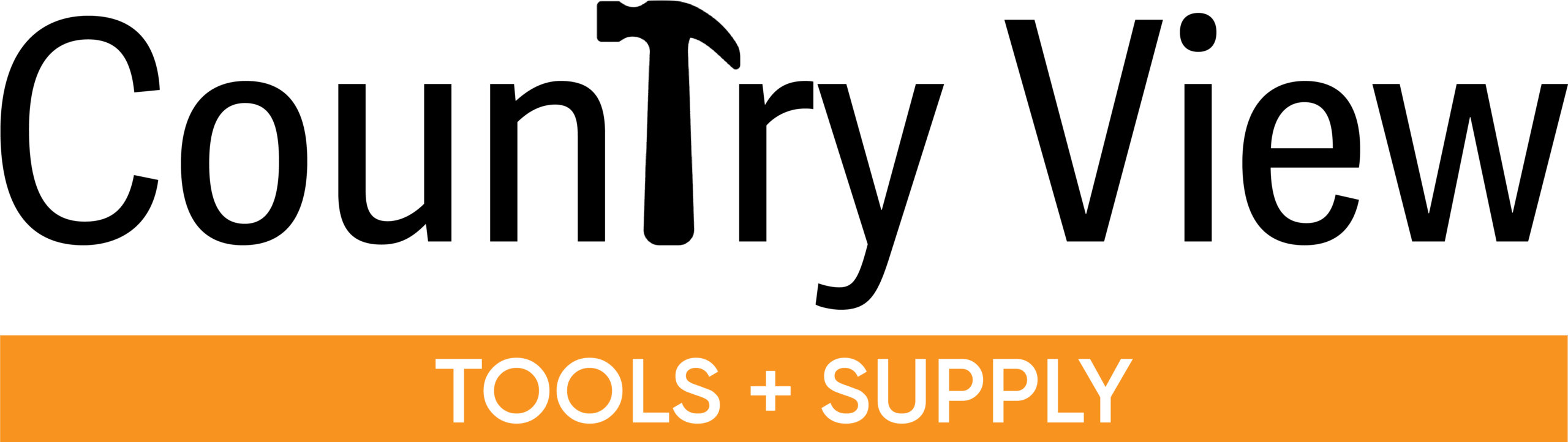 Country View Tools & Supplies Withee WI A black and white graphic of a utility knife, screwdriver, and wrench above an orange bar with the text "TOOLS + SUPPLY" in white capital letters.