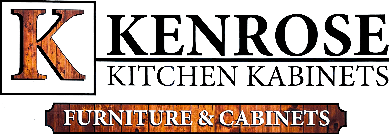 7.23.25 Kenrose Kitchen Kabinets Logo Logo for Kenrose Kitchen Kabinets, featuring a large letter K on wood texture and the text "Furniture & Cabinets" on a wooden background.