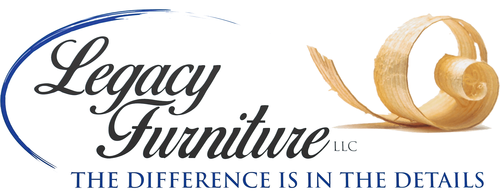 Legacy Furniture LLC logo with a wood shaving graphic and the tagline "The Difference is in the Details" in blue text.