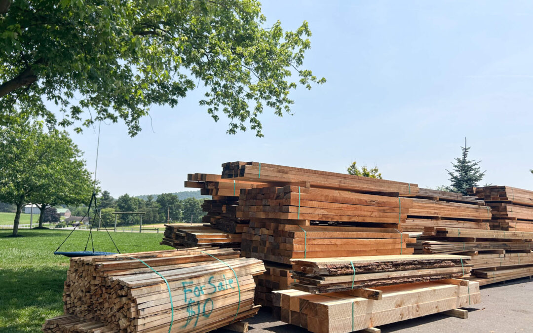 Leinbach's Sawmill Lumber Lancaster, PA Stacks of lumber and wooden planks are piled outdoors on a paved area next to a grassy field with trees under a clear sky.