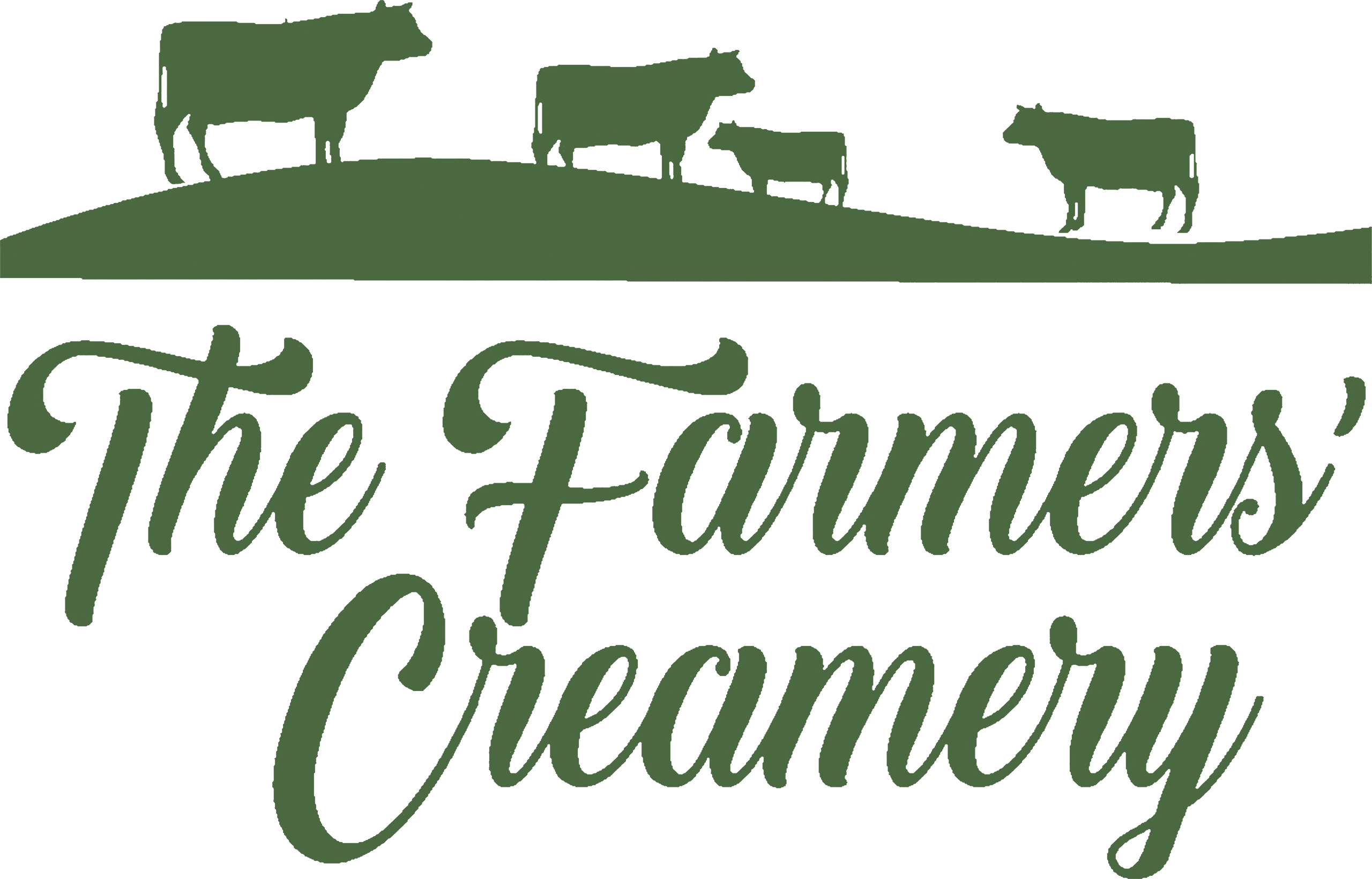 The Farmers Creamery Mio Michigan Logo for "The Farmers' Creamery" featuring silhouettes of cows and calves standing on a hill above the business name in cursive text.