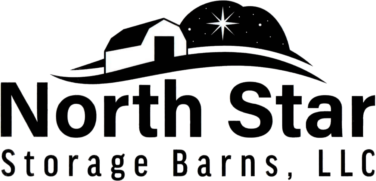 North Star Storage Barns Mio Michigan Logo for North Star Storage Barns, LLC, featuring a barn on a hill with a large star in the night sky above the company name in bold letters.