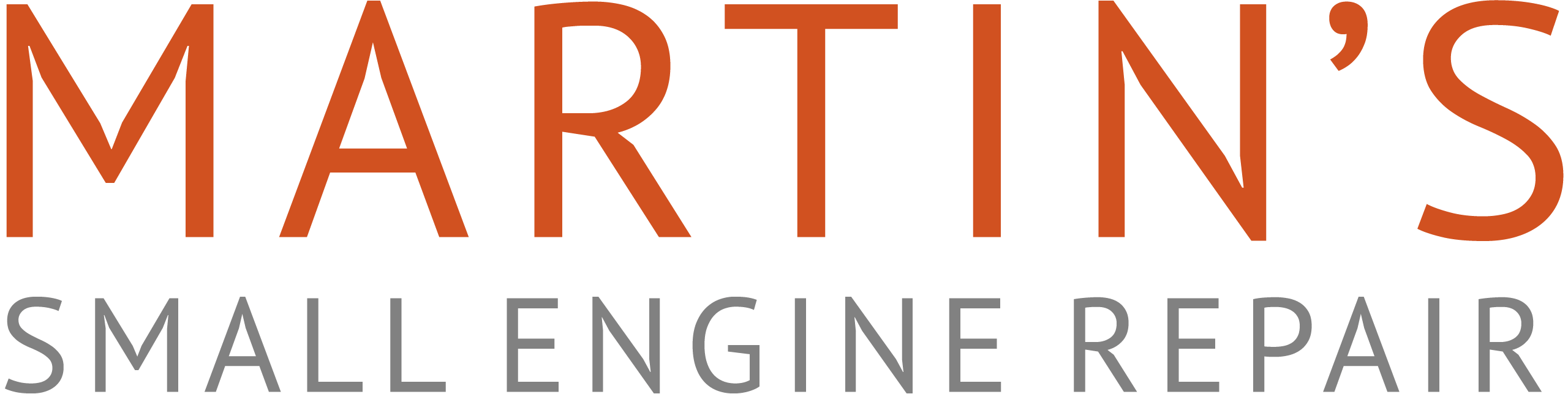 Martin's Small Engine Repair Mifflinburg, Pennsylvania Logo reading "MARTIN'S" in large orange letters above "SMALL ENGINE REPAIR" in smaller gray letters on a transparent background.