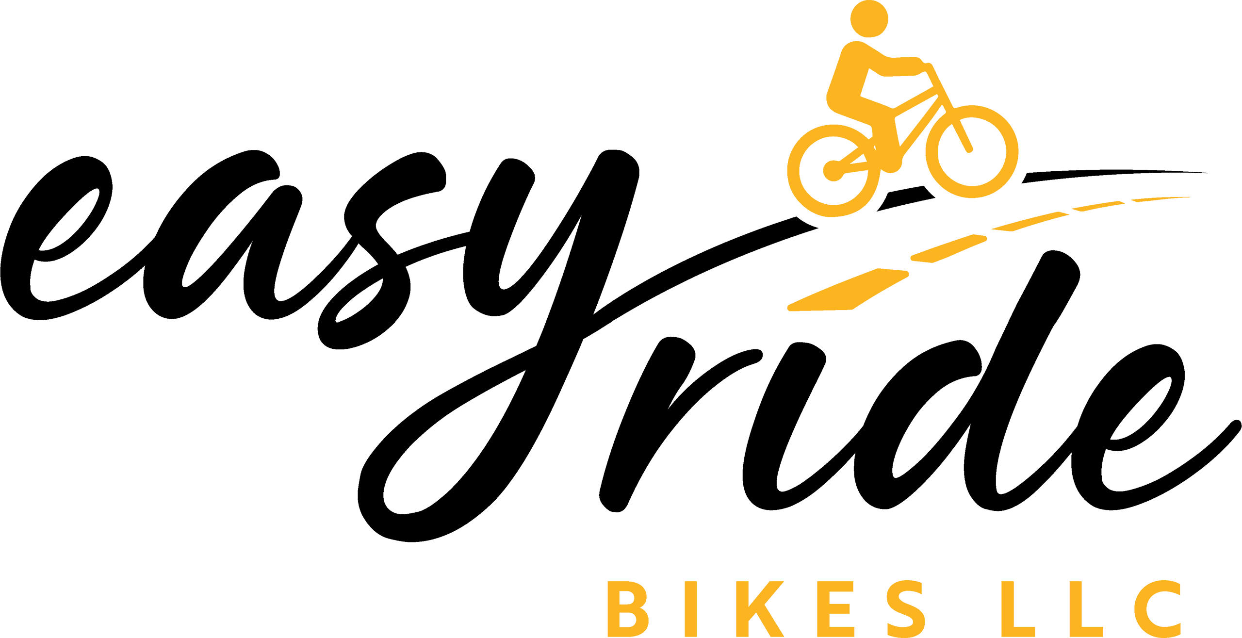 Easy Ride Bikes Crofton, KY Logo for Easy Ride Bikes LLC featuring stylized script text and an icon of a person riding a bicycle on a curved road.