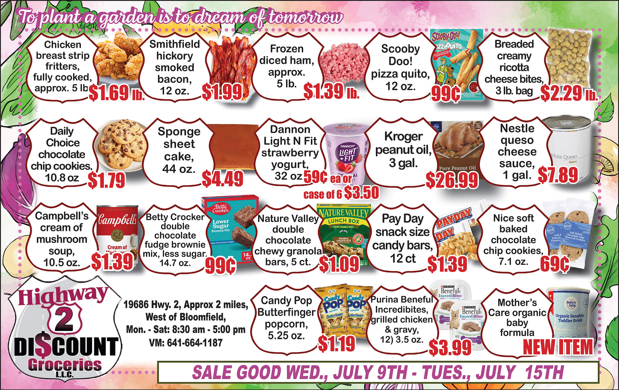 Grocery store ad featuring various discounted food items with prices, product images, and sale dates from July 9 to July 15. Store information displayed at the bottom.