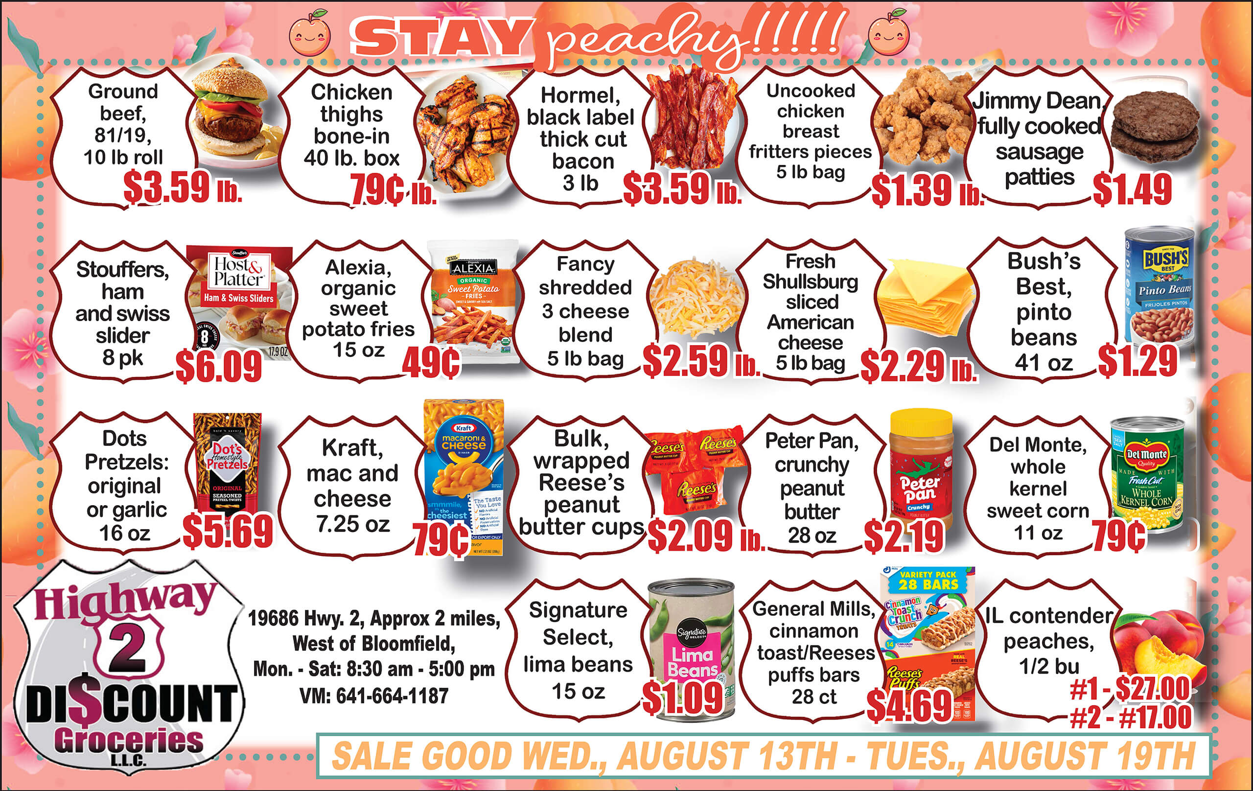 Colorful grocery store flyer advertising various food items and prices, including chicken, snacks, frozen foods, and canned goods, with sale dates from August 13th to August 19th.