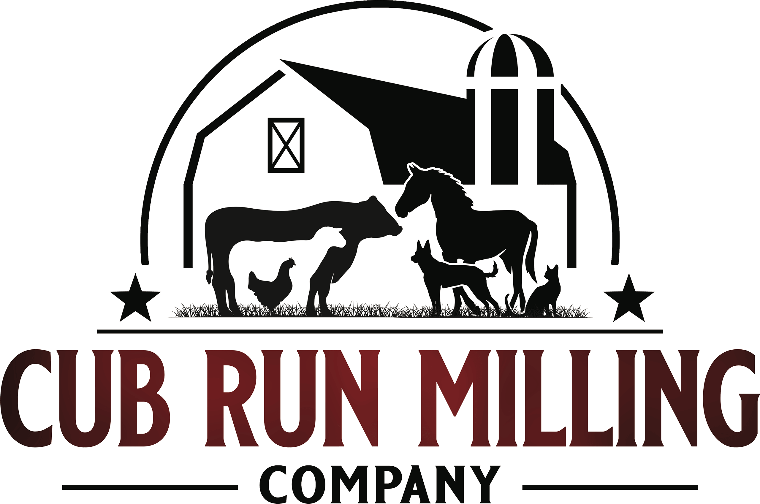 Logo for Cub Run Milling Company featuring silhouettes of a cow, horse, dog, cat, rooster, and barn in the background, framed by stars and an arched line.