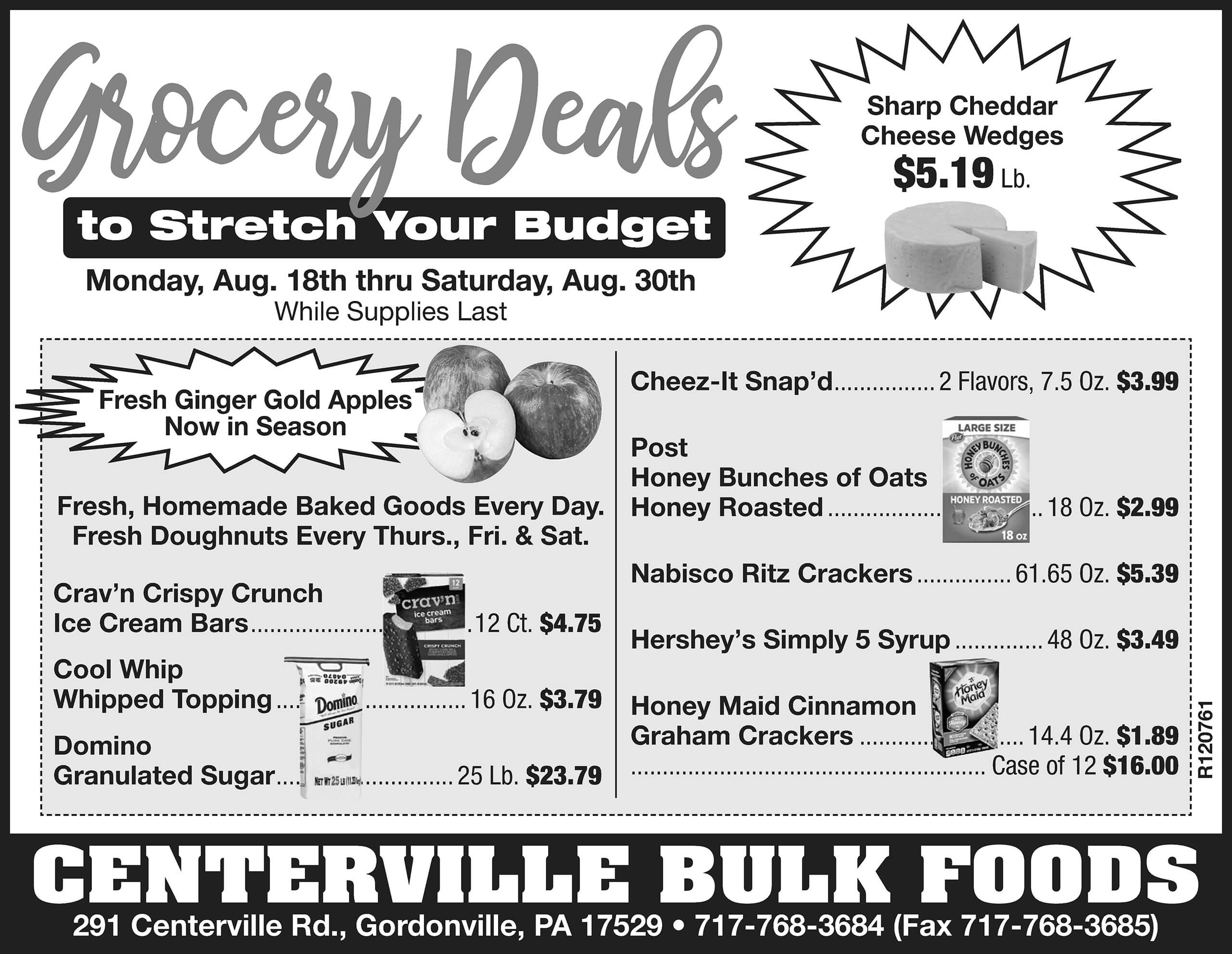 Black-and-white grocery store ad features various discounted food items, including sharp cheddar cheese, apples, ice cream bars, crackers, and graham crackers, with prices and store details.