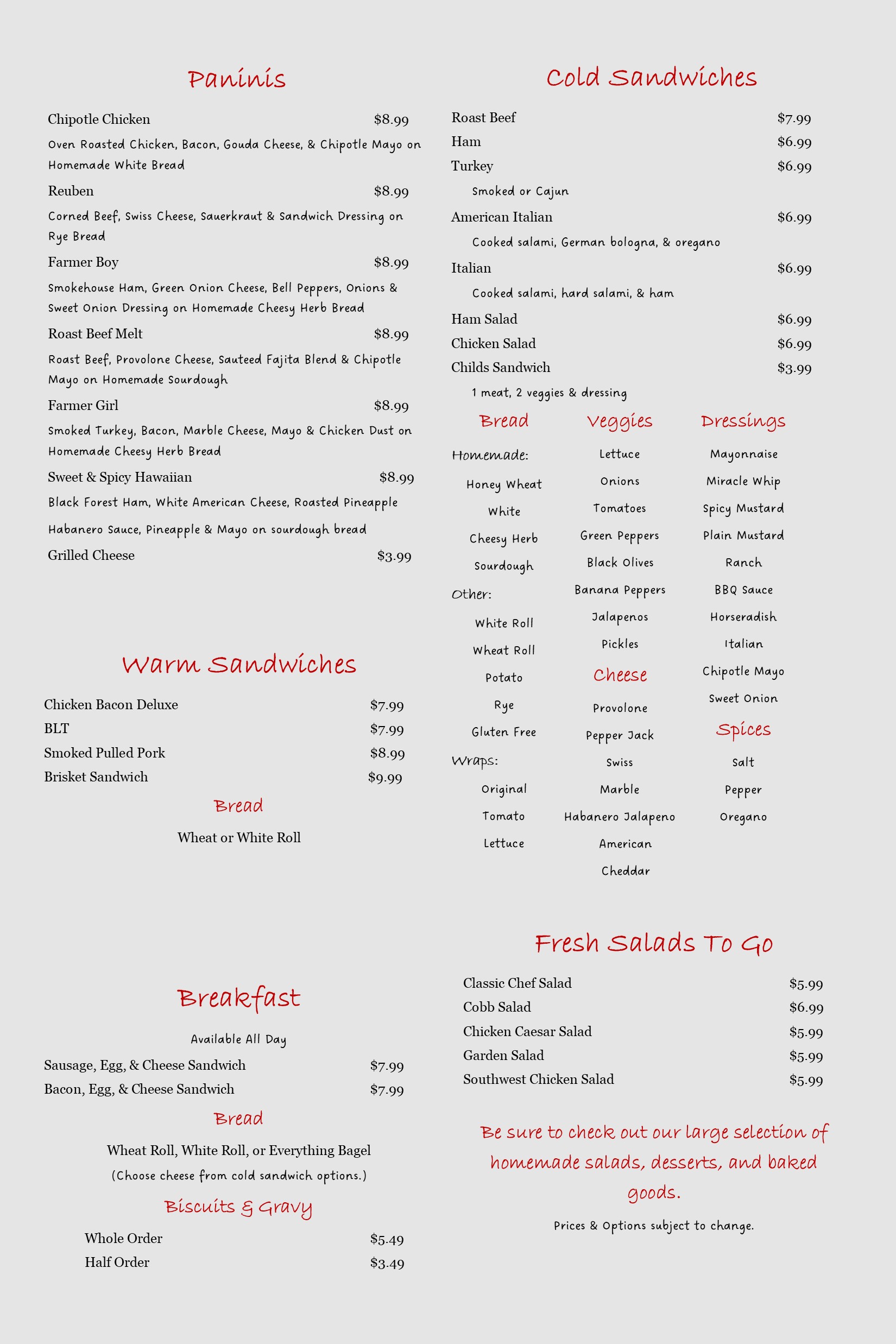 Menu featuring categories: paninis, cold sandwiches, warm sandwiches, breakfast, biscuits & gravy, salads, sides, and dressings, with prices listed for each item.