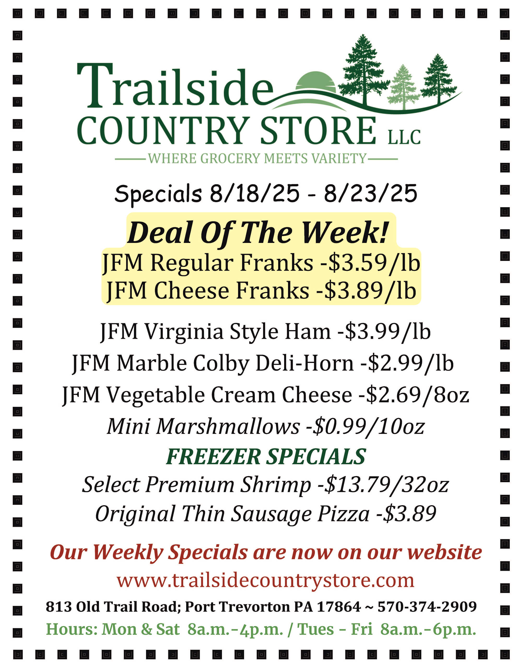 Flyer for Trailside Country Store listing weekly specials from 8/18/25 to 8/23/25, with deals on franks, ham, cheese, deli meat, marshmallows, shrimp, and sausage.