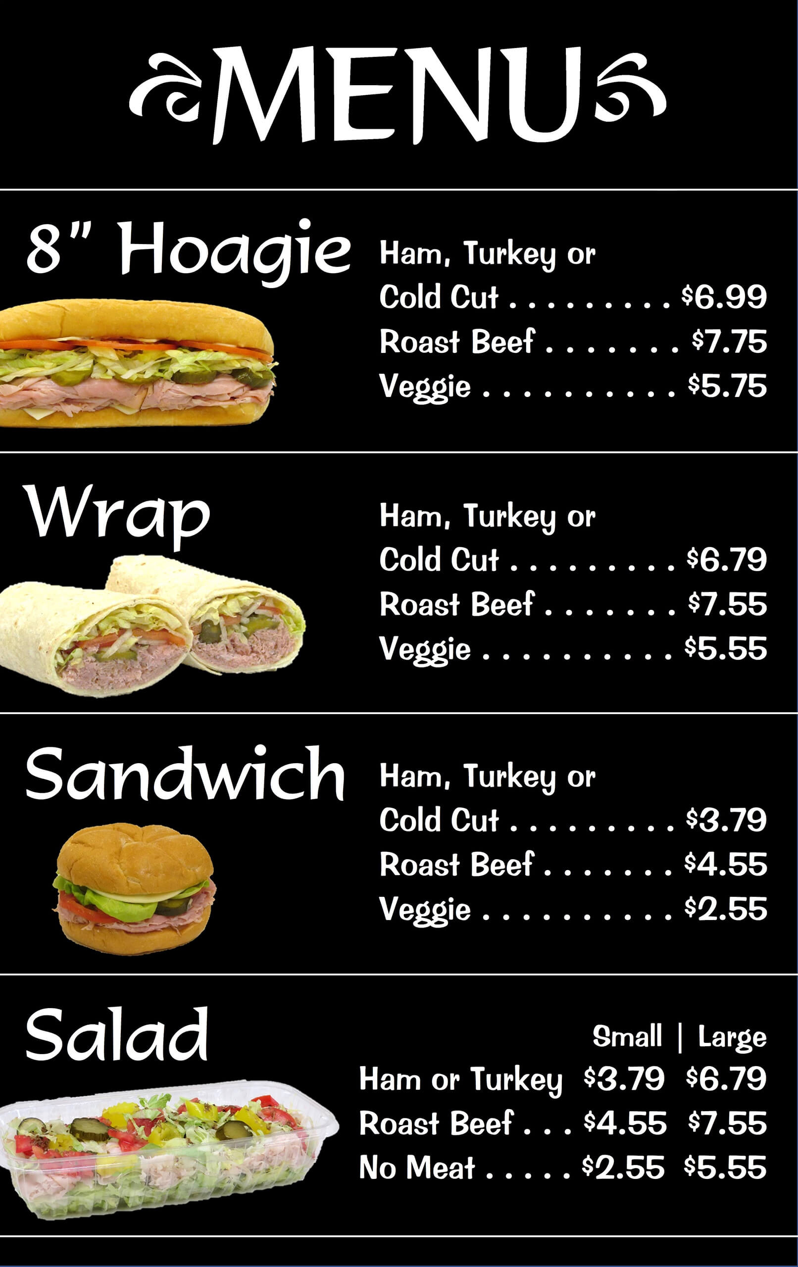 Menu with photos of hoagie, wrap, sandwich, and salad options; prices vary by filling (ham, turkey, cold cut, roast beef, or veggie) and size.