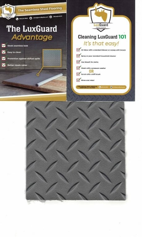 Image showing a LuxGuard flooring sample with a diamond plate pattern, an advantages list, and cleaning instructions for the product.