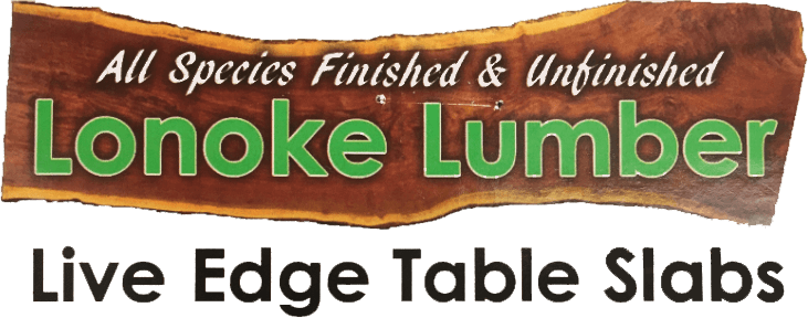 Lonoke Lumber Munfordville, KY Sign for Lonoke Lumber advertising finished and unfinished live edge table slabs of all species.