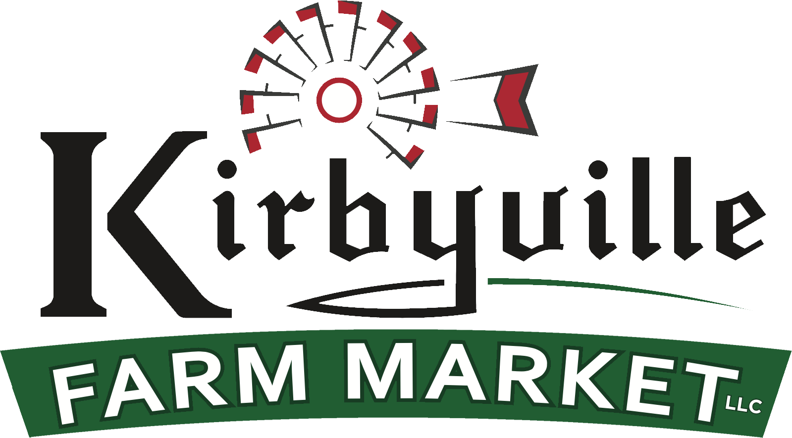 Kirbyville Farm Market Fleetwood PA Logo for Kirbyville Farm Market LLC featuring a windmill graphic above the text and a green banner with “FARM MARKET” in white capital letters.