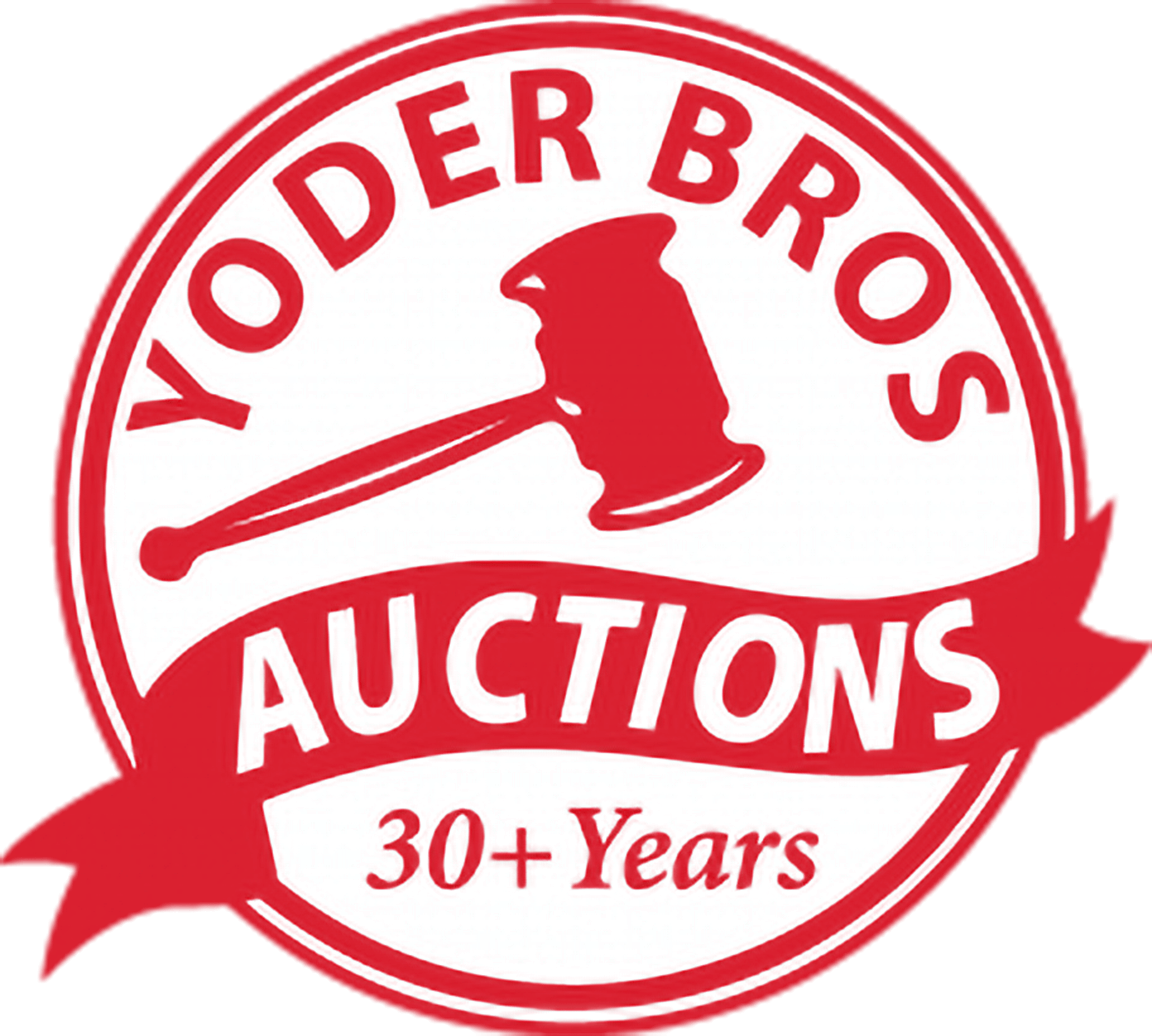 Red and white Yoder Bros Auctions logo with a gavel, a banner reading "AUCTIONS," and text stating "30+ Years.