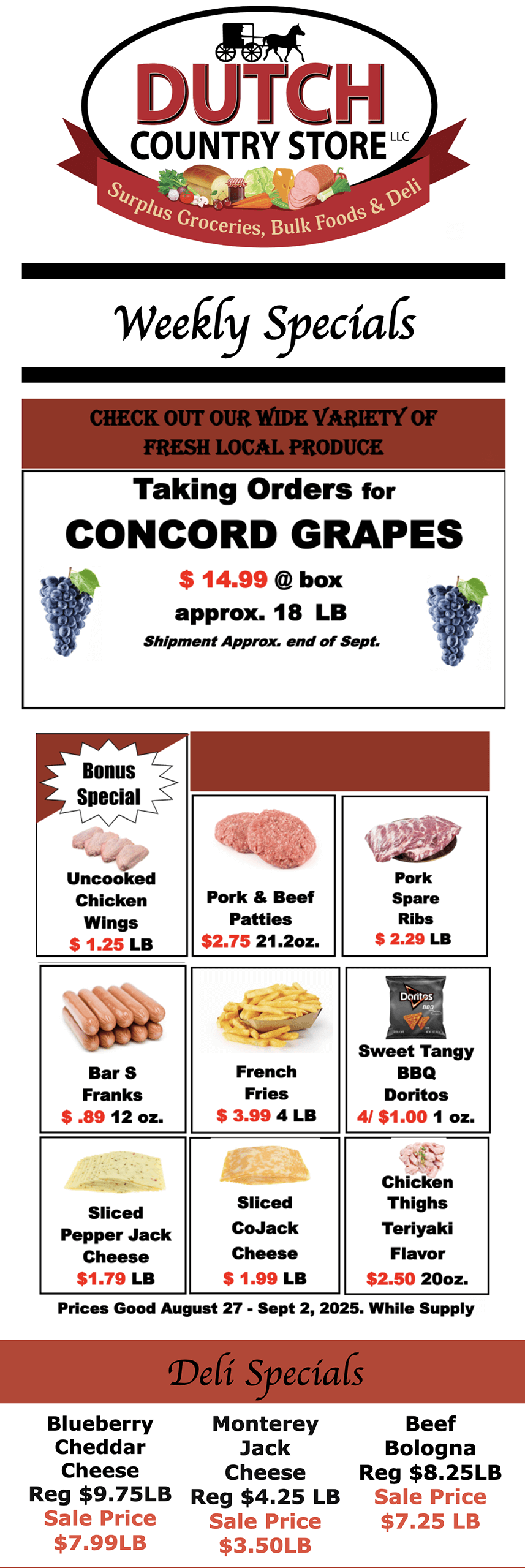 Flyer for Dutch Country Store weekly specials, featuring Concord grapes, deli meats, cheeses, and various grocery deals with prices and product images.