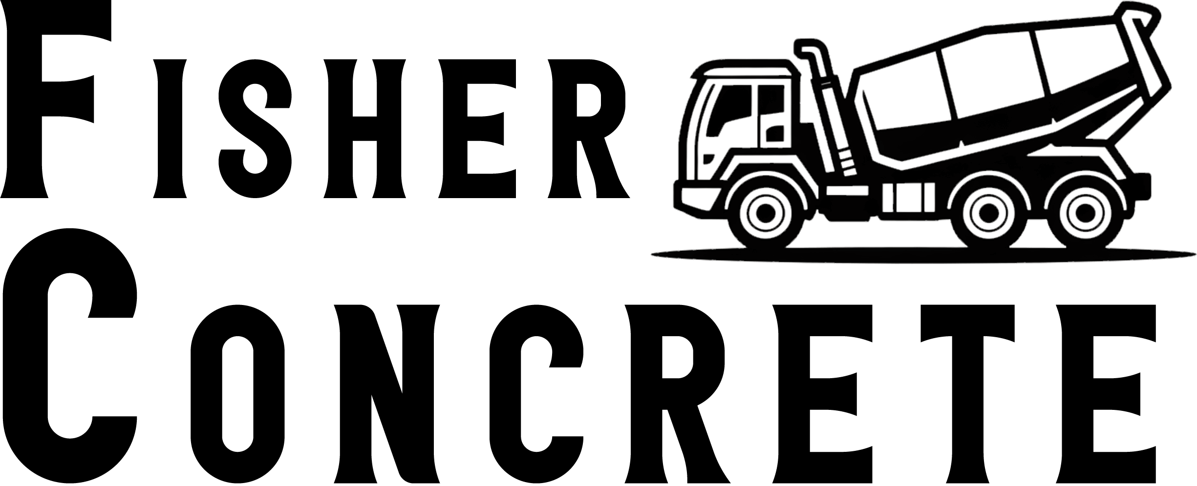 Logo for Fisher Concrete featuring bold black text and an illustration of a cement mixer truck on a white background.