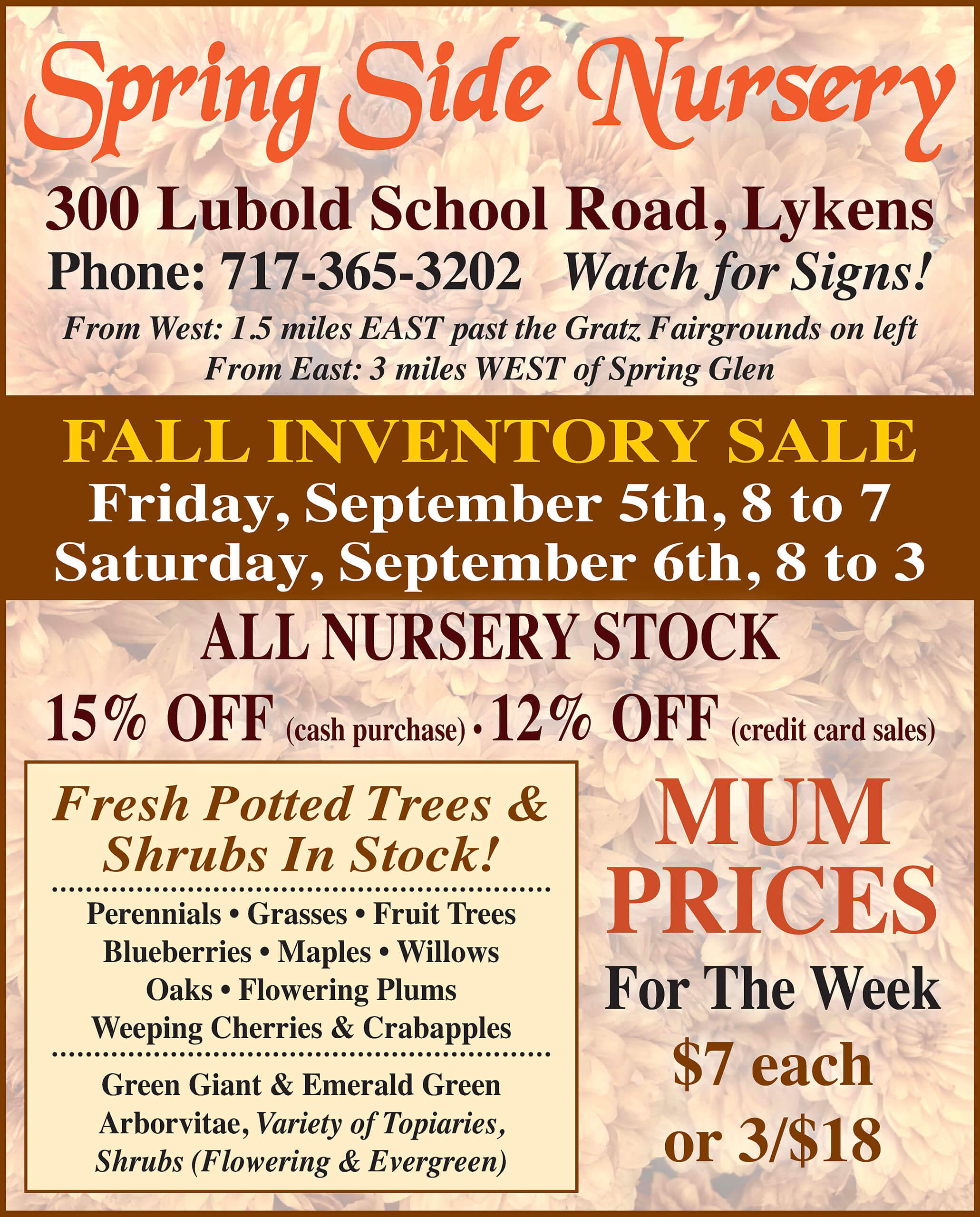 Spring Side Nursery flyer advertises a fall inventory sale on September 5-6, with discounts on nursery stock and potted trees. Mum prices listed as $7 each or 3 for $18.