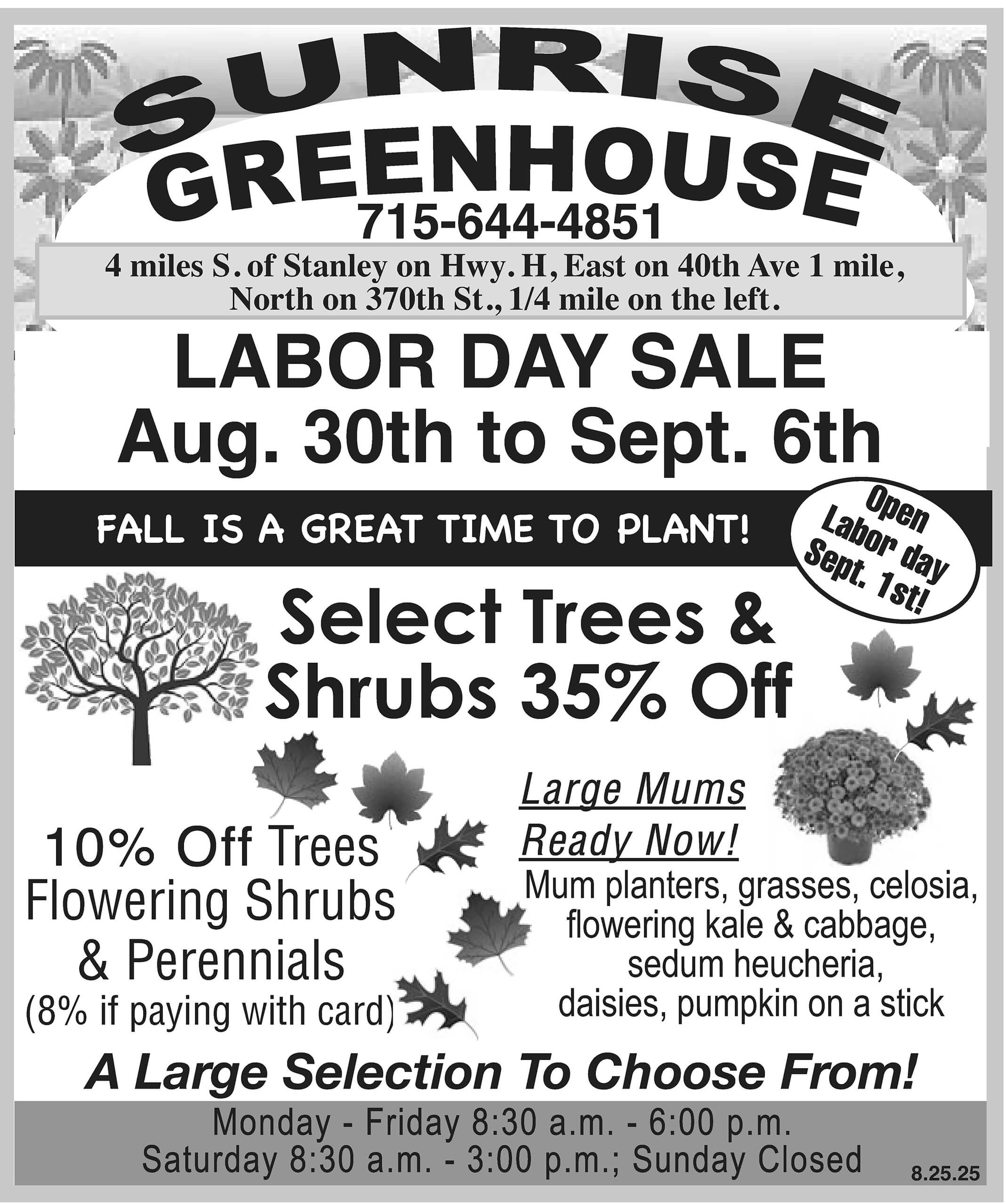 Black and white flyer for Sunrise Greenhouse advertising a Labor Day sale with discounts on trees, shrubs, and perennials from August 30 to September 6.