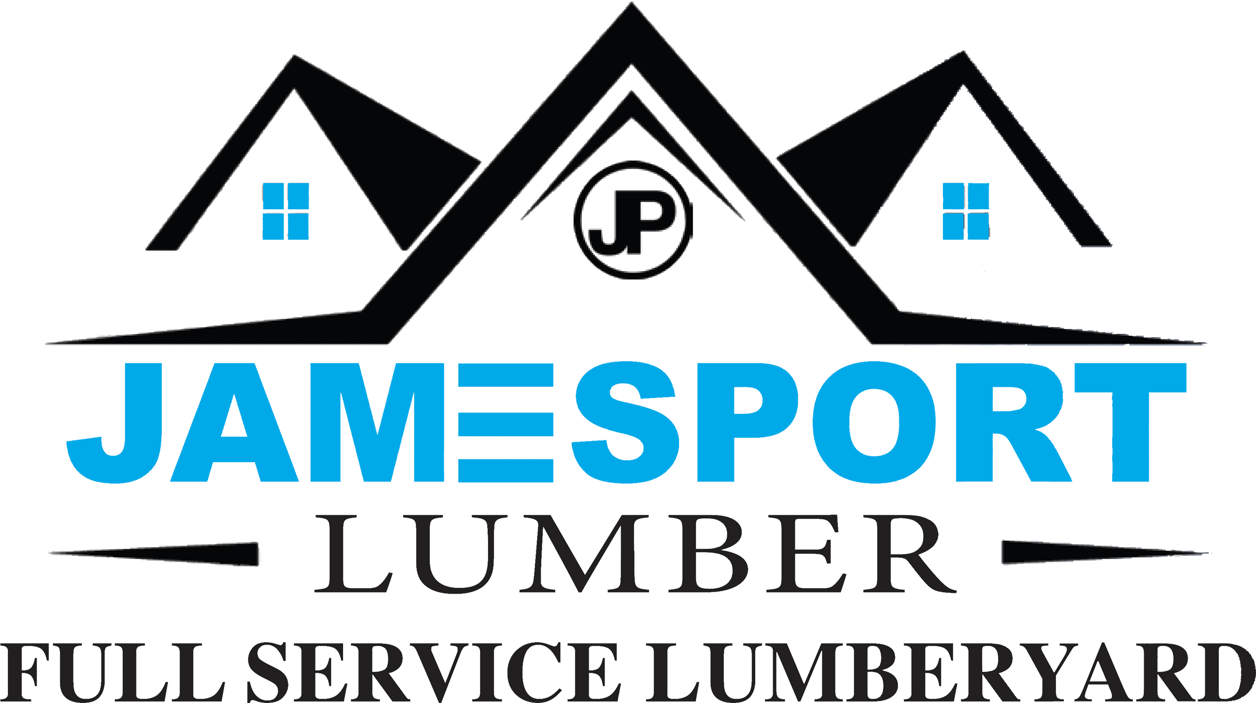 Jamesport Lumber Jamesport MO Logo for Jamesport Lumber, a full-service lumberyard, featuring stylized black and blue rooftops, windows, and the initials "JP" inside a circle above the company name.