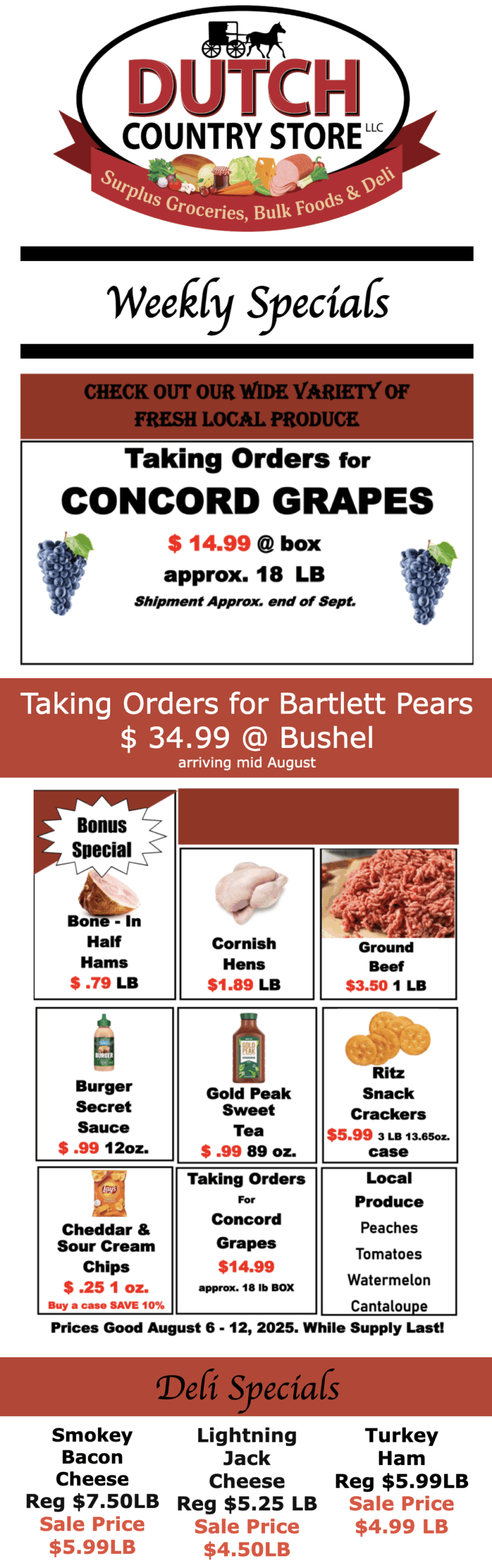 Flyer for Dutch Country Store highlights weekly specials, fresh produce orders for Concord grapes and Bartlett pears, bonus specials on groceries, and deli meat discounts.
