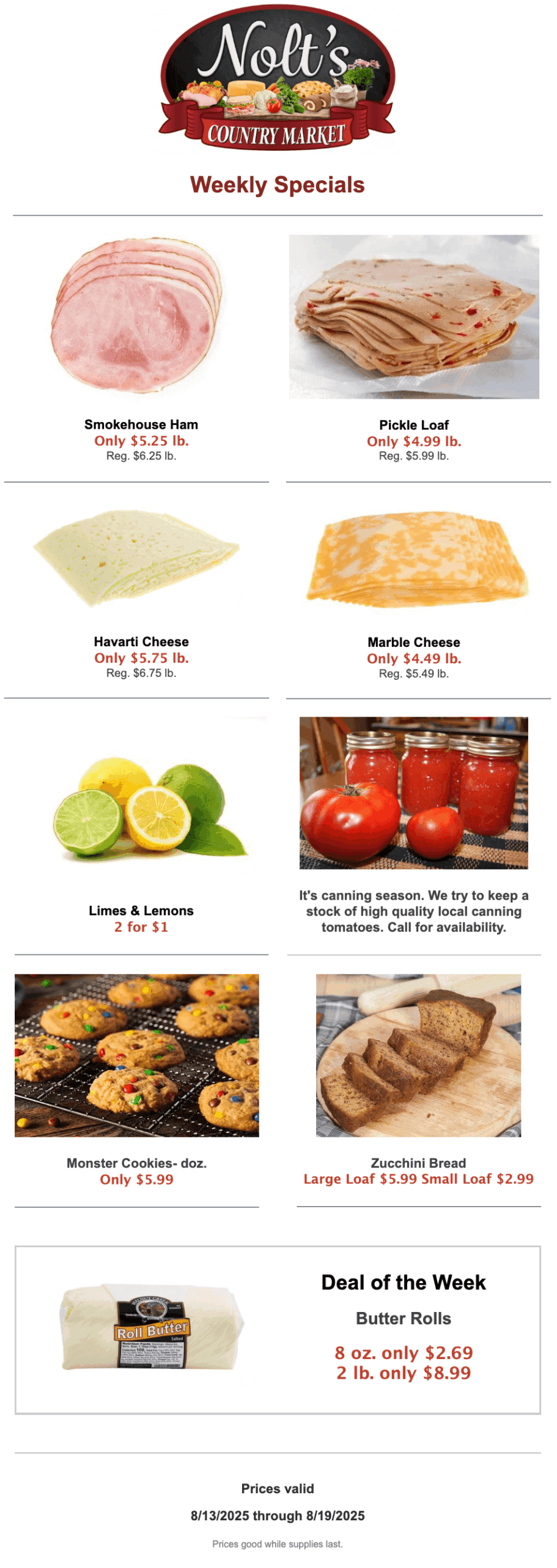 Nolt’s Country Market weekly specials flyer features deli meats, cheeses, cookies, bread, lemons, and butter rolls, with prices and valid dates from 8/13/2025 to 8/19/2025.